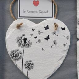 Decoupaged Slate Heart Wall Hanging Dandelion & Butterflies Coaster Set - thumbnail 3