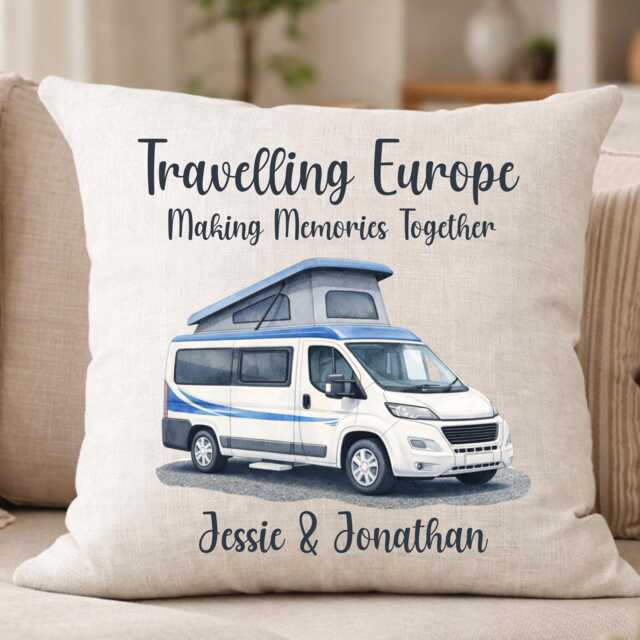 Travel Cushion Personalised Names Campervan Couple Gift Europe Trip Memory Pillow UK - image 1