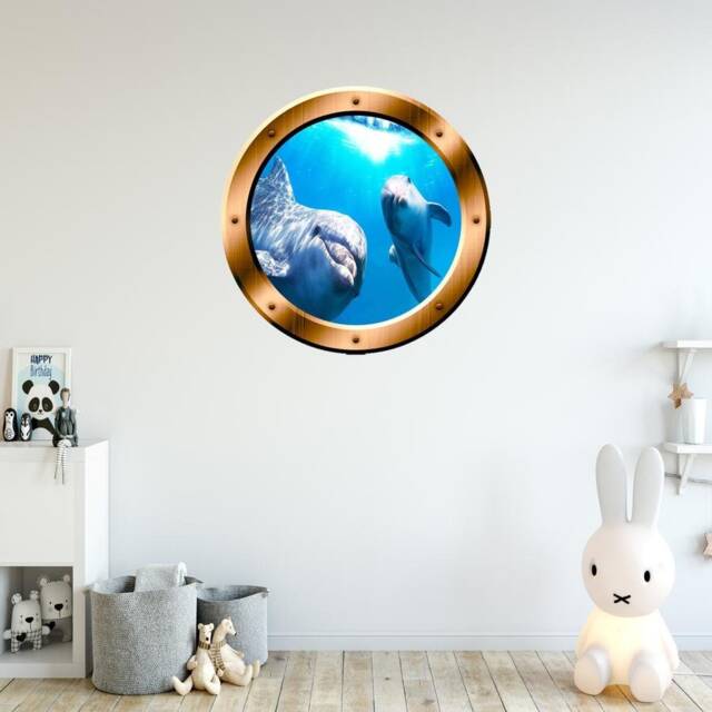 Dolphins Underwater Scene 3D Porthole Family Wall Art Ocean View Window Bronze Portal Bp8 - image 1