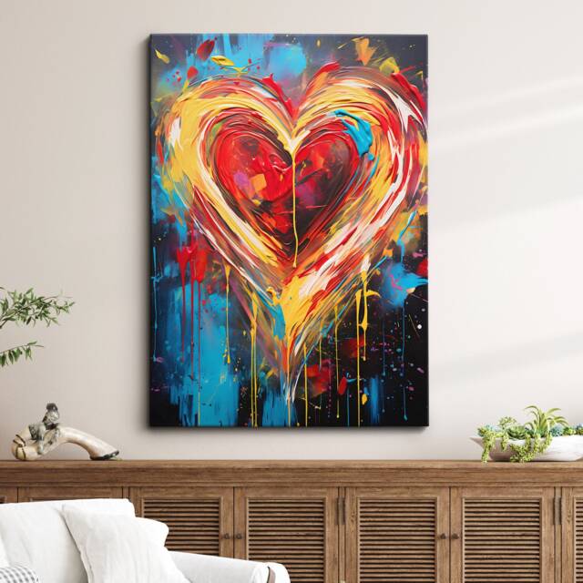 Beautiful Love Heart Burst Modern Abstract Oil Painting Style Wall Art, Framed Canvas Poster Print, Home Kitchen Office Room Decor, Gifts - image 1