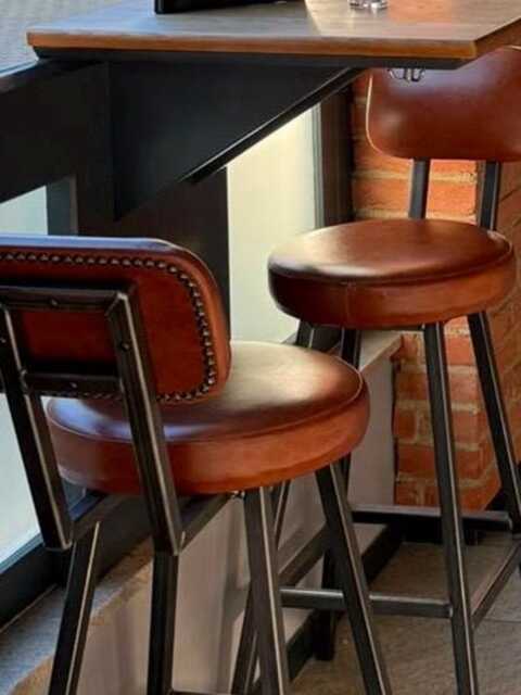Handmade Leather Bar Stool Steel Frame, Low Backrest - image 1