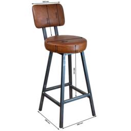 Handmade Leather Bar Stool Steel Frame, Low Backrest - thumbnail 2