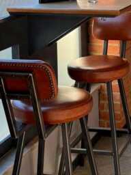 Handmade Leather Bar Stool Steel Frame, Low Backrest