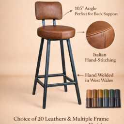 Handmade Leather Bar Stool Steel Frame, Low Backrest - thumbnail 4