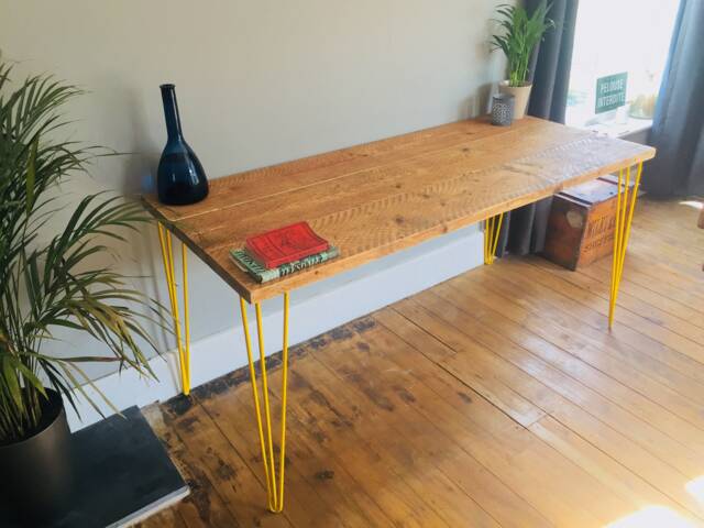 Reclaimed Desk With Yellow Hairpin Legs - image 1