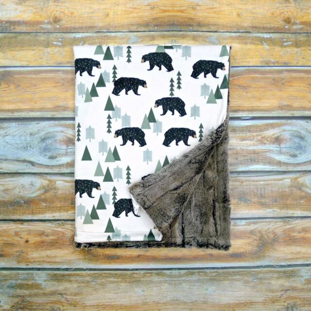 Bear Baby Blanket - Desinger Minky Unisex Crib Bedding Woodland Nursery Mountain - image 1