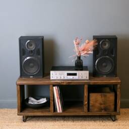 Record Player Stand. Rustic Wooden Vinyl Storage Unit. Tv Stand With Space For Display. Reclaimed Wood & Hairpin Legs - thumbnail 3