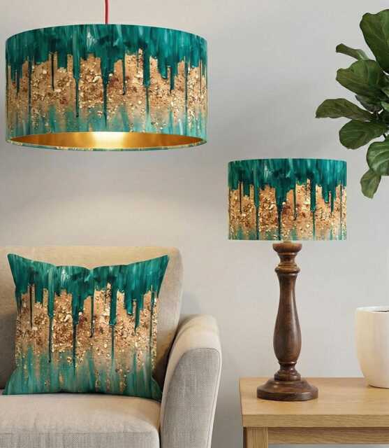 Handmade By Order Luxurious Abstract Jade Green & Golden Paint Art Drum Velvet Lamp Shade Pendant Light All Sizes Shapes - image 1