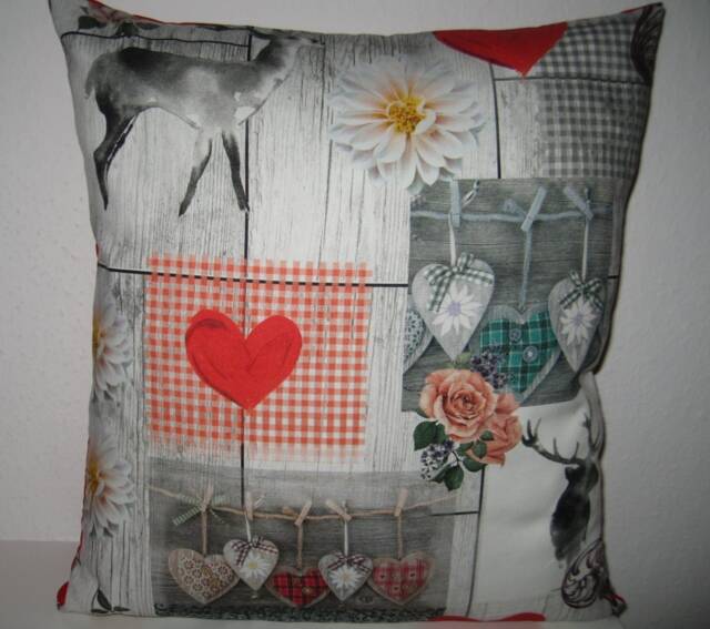 Pillow Cover Deer With Hearts Red Gray Nature Cottage Magic Coziness Home Rustic Forest - image 1