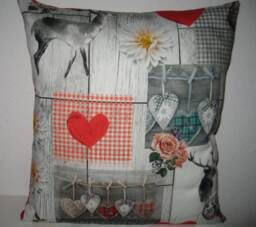 Pillow Cover Deer With Hearts Red Gray Nature Cottage Magic Coziness Home Rustic Forest - thumbnail 1
