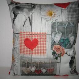 Pillow Cover Deer With Hearts Red Gray Nature Cottage Magic Coziness Home Rustic Forest - thumbnail 2
