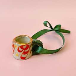 Hand-Painted Candy Cane Ceramic Mug Ornament - One Mini Mug Ornament Gold Lustre Christmas Decor - thumbnail 2