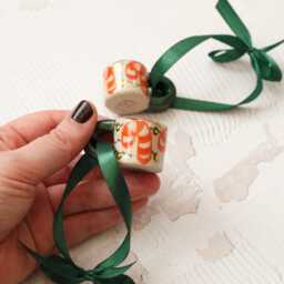 Hand-Painted Candy Cane Ceramic Mug Ornament - One Mini Mug Ornament Gold Lustre Christmas Decor - thumbnail 1