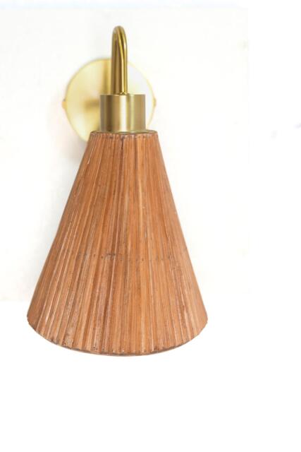 Asymetrical Cone Rattan & Brass Wall Sconce, Hospitality Lighting - image 1