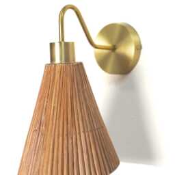 Asymetrical Cone Rattan & Brass Wall Sconce, Hospitality Lighting - thumbnail 4
