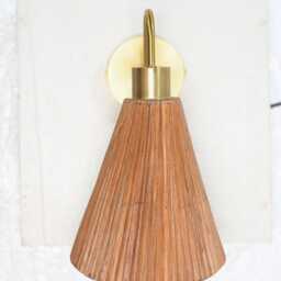 Asymetrical Cone Rattan & Brass Wall Sconce, Hospitality Lighting - thumbnail 2