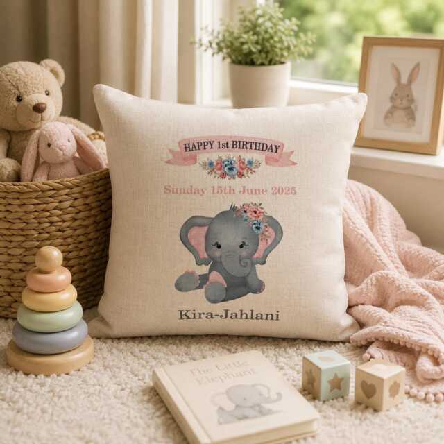 Personalised 1st Birthday Elephant Cushion - Keepsake Nursery Pillow - image 1
