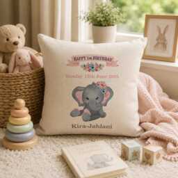 Personalised 1st Birthday Elephant Cushion - Keepsake Nursery Pillow - thumbnail 1