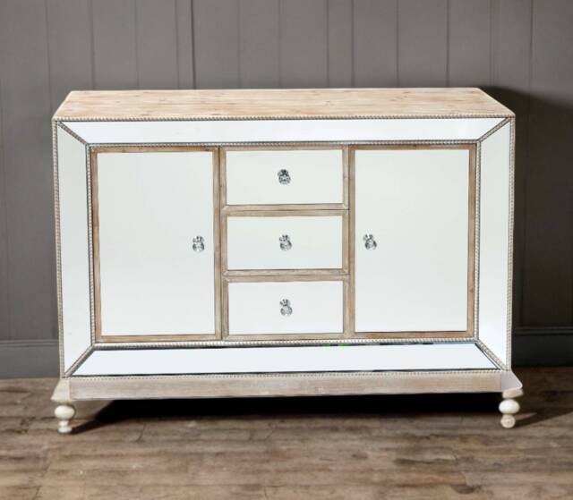 Mirrored Sideboard, Paint & Raw Washed Wood Cabinet Storage/Bedroom/Living Room/Dining Room