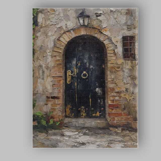 Rustic Black Arched Door Textured Stone Wall Impressionist Canvas Art Print Decor Picture Ready To Hang - image 1