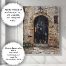 Rustic Black Arched Door Textured Stone Wall Impressionist Canvas Art Print Decor Picture Ready To Hang - thumbnail 3
