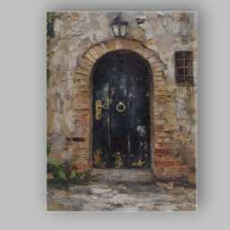 Rustic Black Arched Door Textured Stone Wall Impressionist Canvas Art Print Decor Picture Ready To Hang