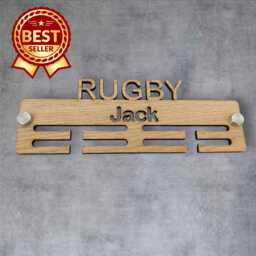 Rugby Medal Hanger - Wood Colours, Custom Name & Colour