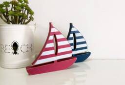 Wooden Boat With Stripes Decor, Nautical Ship Boy Room Decoration, Nursery Sailboat , Stripes Decor - thumbnail 1