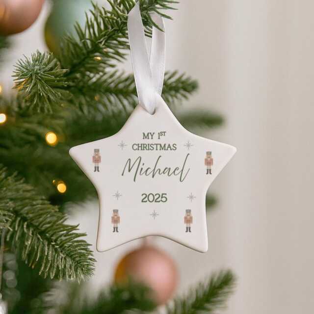 Personalised Baby's 1St Christmas Ornament - First Xmas Gift Star Decoration Nutcracker & Santa Design New Baby Boy Keepsake - image 1