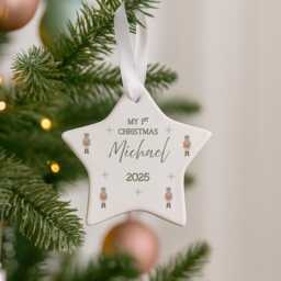Personalised Baby's 1St Christmas Ornament - First Xmas Gift Star Decoration Nutcracker & Santa Design New Baby Boy Keepsake - thumbnail 1