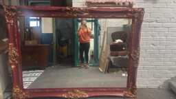 Huge French Louis Ornate 7Ft X 5Ft Mirror Painted Cranberry Red Copper Leaf Gilding - thumbnail 1