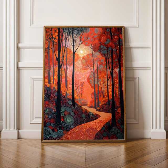 Autumn Forest Path, Art Print, Orange & Red Decor, Living Room Wall Art, Yayoi Kusama Inspired Art, Gift For Coworker, Christmas - image 1