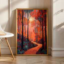 Autumn Forest Path, Art Print, Orange & Red Decor, Living Room Wall Art, Yayoi Kusama Inspired Art, Gift For Coworker, Christmas - thumbnail 2