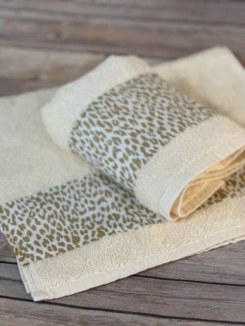 Leopard Print Bath Towel Cream & Gold Cotton Trim - image 1