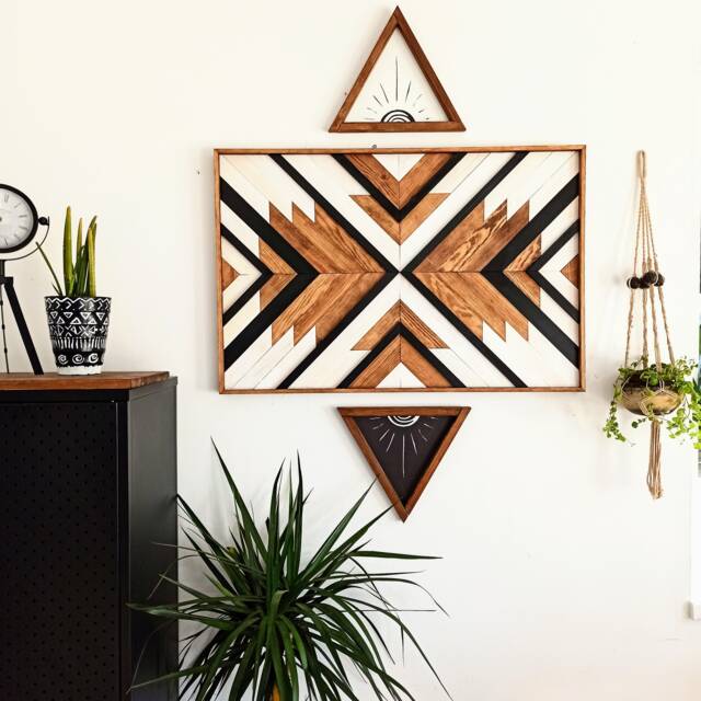 Aztec Wood Wall Art, Latte Geometric Tribal Decor, Wooden Wall Hanging - image 1
