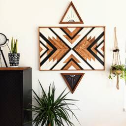 Aztec Wood Wall Art, Latte Geometric Tribal Decor, Wooden Wall Hanging - thumbnail 1