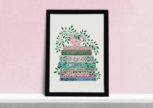 Book Lovers Art Print - Books, Tea & Plants Literary Quote Wall Decor Gifts For Readers Pink Green Watercolour Illustration - image 1