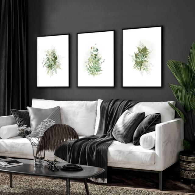 Trendy Botanical Watercolor Greenery Living Room Wall Decor Framed 3 Piece Art Print Set, Moss Sage Green Wall Art For Apartment - image 1