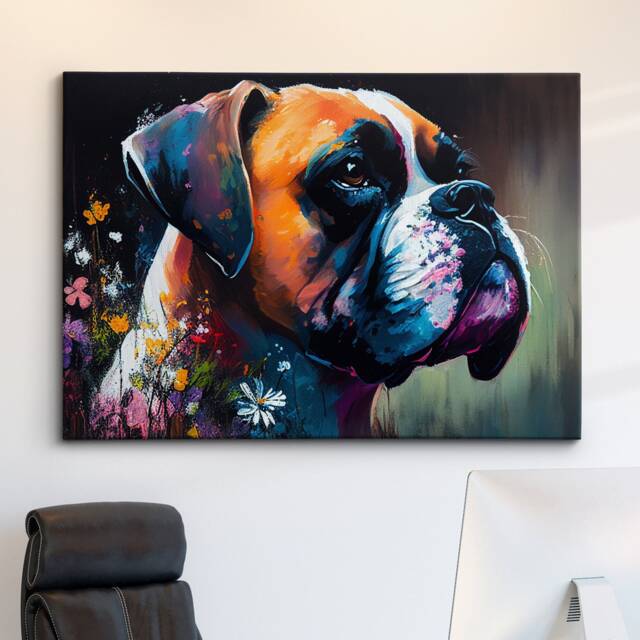 Boxer With Flowers Dog Pet Abstract Modern Oil Painting Wall Art, Framed Canvas Poster Print, Home Kitchen Office Room Decor, Gifts - image 1