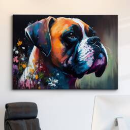 Boxer With Flowers Dog Pet Abstract Modern Oil Painting Wall Art, Framed Canvas Poster Print, Home Kitchen Office Room Decor, Gifts - thumbnail 1