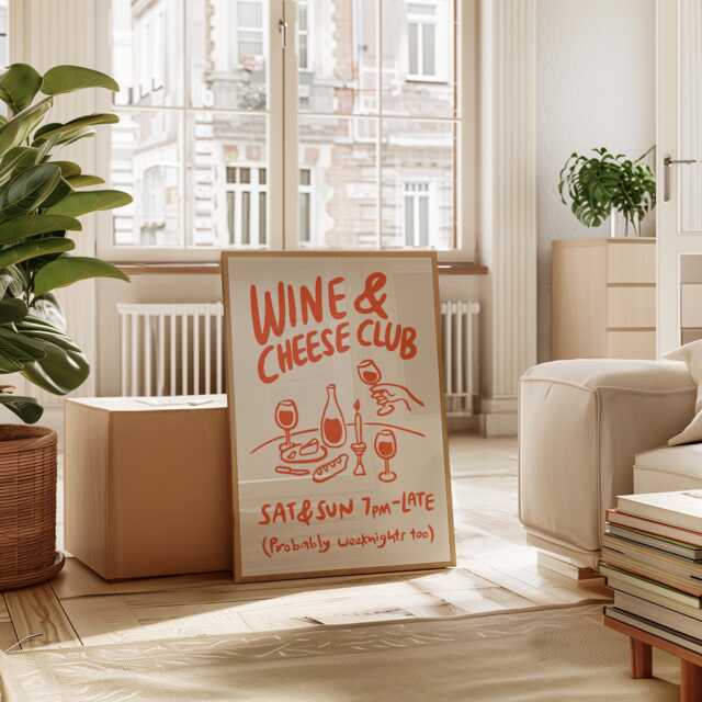 Wine & Cheese Club Print, Poster, Modern Dinning Room Art, Lover Gift, Kitchen Wall Retro Food Red 3038 - image 1