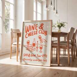 Wine & Cheese Club Print, Poster, Modern Dinning Room Art, Lover Gift, Kitchen Wall Retro Food Red 3038 - thumbnail 2