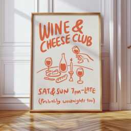 Wine & Cheese Club Print, Poster, Modern Dinning Room Art, Lover Gift, Kitchen Wall Retro Food Red 3038 - thumbnail 3