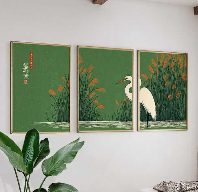 Japanese Crane Wall Art Poster Set - Green Botanical Nature Prints Asian Bird Decor - image 1