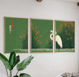 Japanese Crane Wall Art Poster Set - Green Botanical Nature Prints Asian Bird Decor - thumbnail 1