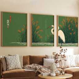 Japanese Crane Wall Art Poster Set - Green Botanical Nature Prints Asian Bird Decor - thumbnail 2