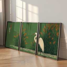 Japanese Crane Wall Art Poster Set - Green Botanical Nature Prints Asian Bird Decor - thumbnail 3