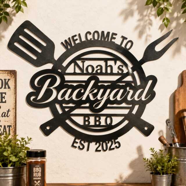 Custom Backyard Bbq Metal Wall Sign, Personalized Spatula Fork Iron Plaque, Outdoor Patio Grill Area Decor, Gift For Master - image 1