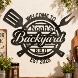 Custom Backyard Bbq Metal Wall Sign, Personalized Spatula Fork Iron Plaque, Outdoor Patio Grill Area Decor, Gift For Master - thumbnail 1