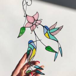 Hummingbird Real Stained Glass Bird Orchid Suncatcher Farmhouse Home House Decor Window Wall Hangings Grandma Gift Living Kitchen Art - thumbnail 2